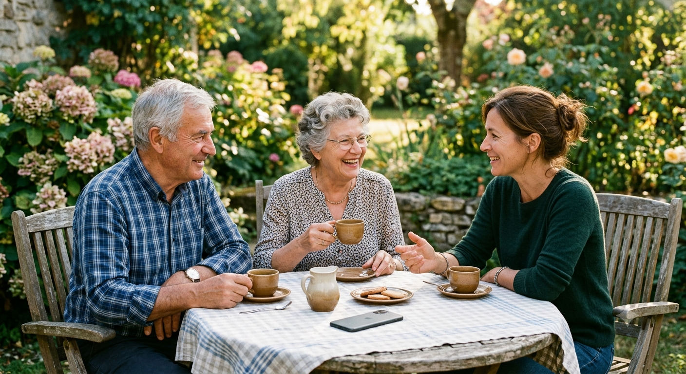 Grands-parents et leur fille autour d'une table de jardin, partageant des souvenirs